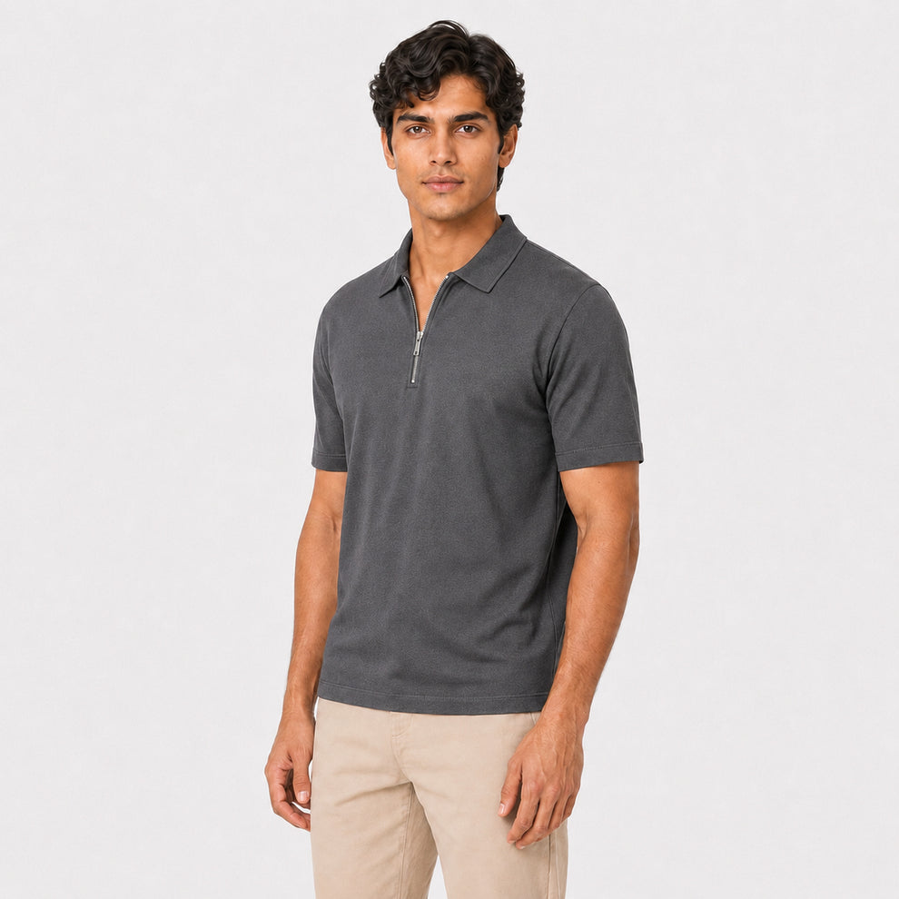 Premium Dark Grey Zipper Polo Shirt | Modern Slim Fit
